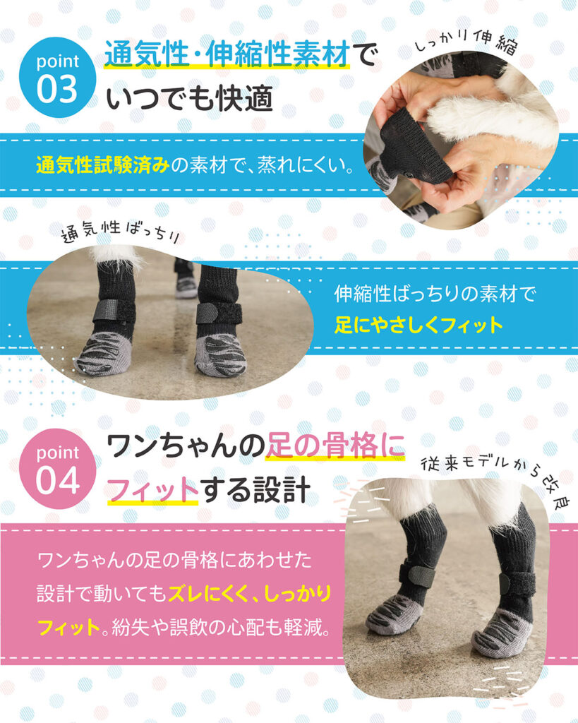 犬用滑り止め靴下のAmazon商品ページデザイン。小型犬が着用して歩いている様子と、商品の特徴を記載したビジュアル。