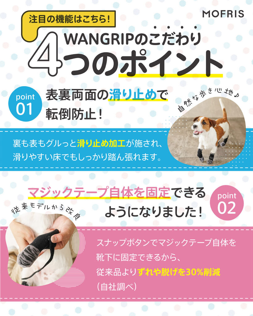 犬用滑り止め靴下のAmazon商品ページデザイン。小型犬が着用して歩いている様子と、商品の特徴を記載したビジュアル。
