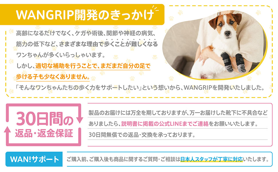 犬用滑り止め靴下のAmazon商品ページデザイン。小型犬が着用して歩いている様子と、商品の特徴を記載したビジュアル。